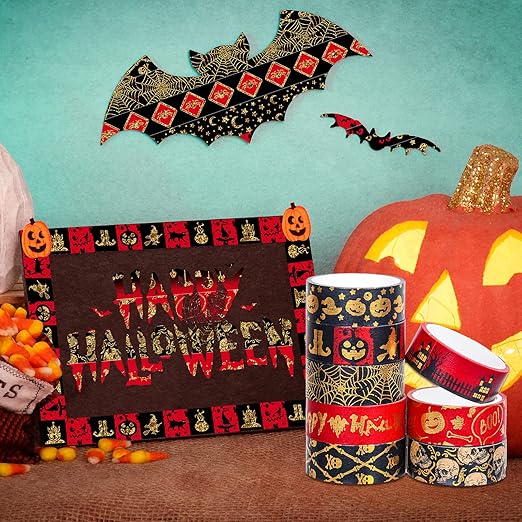 Whaline 12 Rolls Halloween Washi Tapes Red Black Foil Gold Decorative Tapes Skull Spider Web Pumpkin Pattern Masking Tapes for Halloween Scary Scrapbook Journal DIY Craft Gift Wrapping, 9.8Ft