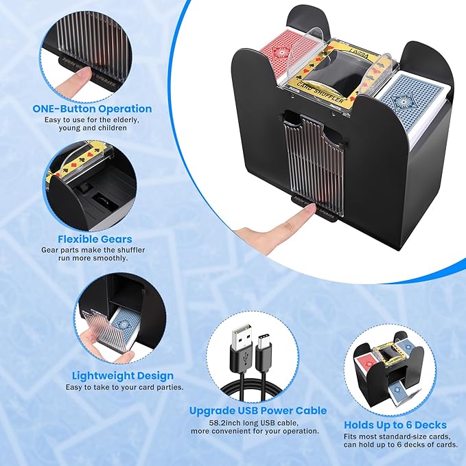 Automatic Card Shuffler 6 Deck Heavy Duty Electric Card Shuffler, USB/Battery-Operated Casino Playing Card Shuffler for Card Games
