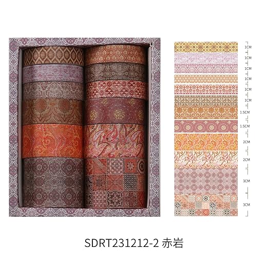12 Rolls Exotic Charm Washi Tape Set Floral Arts Adhesive Tapes Geometric Garden Decorative Masking Tape Sets for Craft, Kids, Scrapbook, DIY, Gift Wrapping (Crimson Cliff)