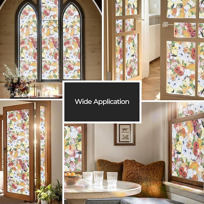 Window Privacy Film, Frosted Glass Decorative Static Cling, Removable Sun Blocking Vinyl Covering, Window Film for Home Kitchen Living Room Bathroom, Oil Painting Flowers, 17.5" x 78.7 "