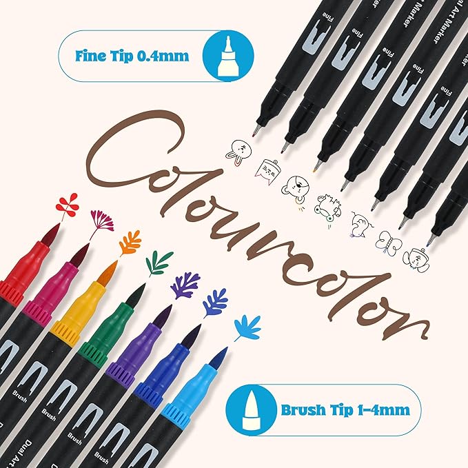 72 Colors Dual Tip Markers Set, Water-Based Ink Brush & Chisel Double Tipped Art Markers for Kids Adults Beginners & Artists in Sketching, Coloring, Note-taking
