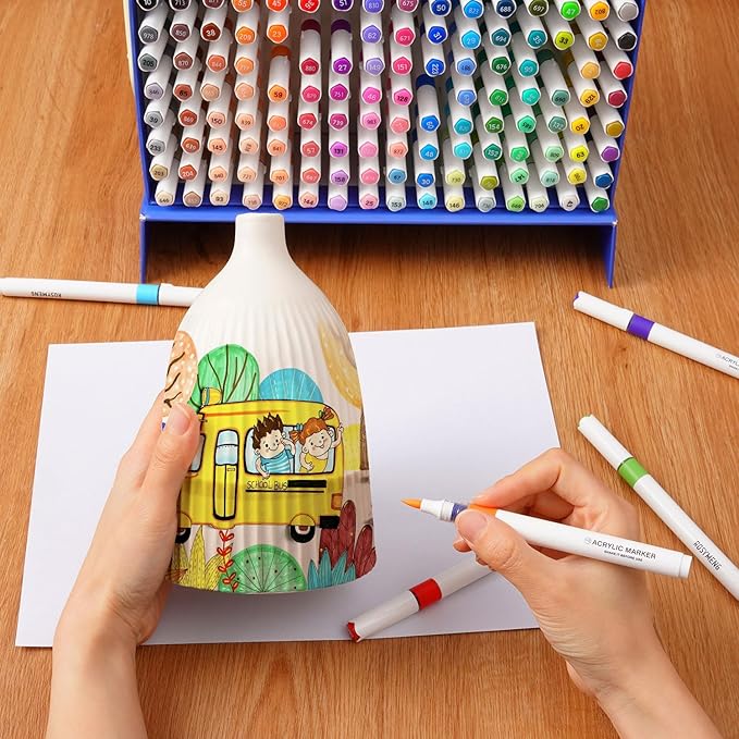 9 Color Acrylic Paint Markers, Water-Based Acrylic Markers for Artists Adults Coloring Drawing Cartoon Anime Comic - Brush Tip for Rock Painting, Wood, Canvas, Fabric, DIY Crafts Making (8 Metal)