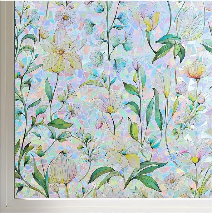 FINNEZ Window Privacy Film Stain Glass Film Flowers Rainbow Window Film Window Clings Non-Adhesive Reusable Decorative for Home（Forest Rainbow，45.2 Inch x 13.1 Feet）