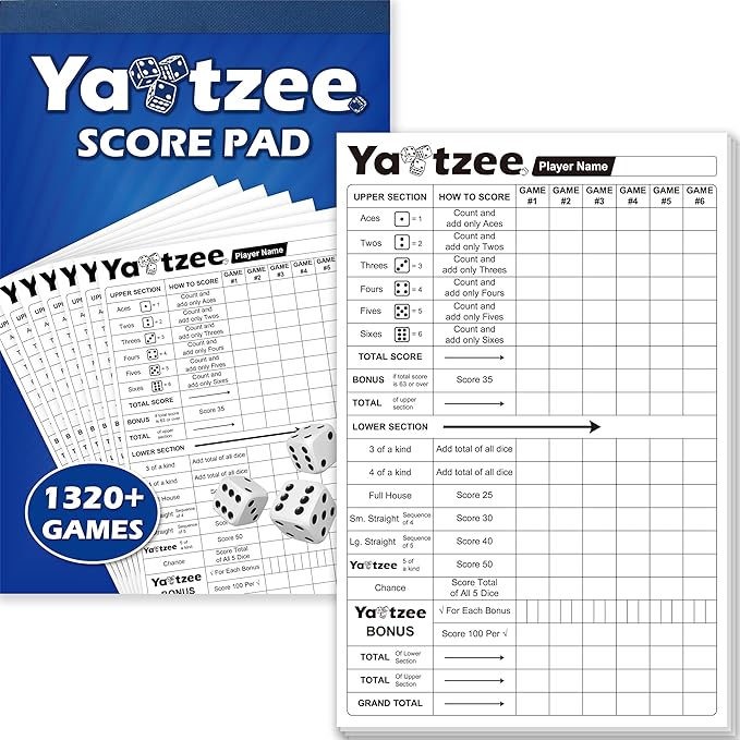 Gethelud 110 Sheets Score Pad for Yahtzee, 220 Tear-Off Pages Score Pad Large Print Score Keeper, Compatible for Yahtzee and Yardzee (6” x 9”)