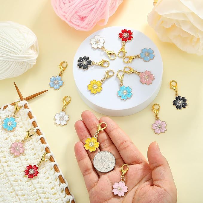 BEEFLYING 16Pcs Flower Stitch Marker Charms for Crocheting and Knitting, Alloy Enemal Crochet Knit Stitch Marker Pendant with Lobster Clasp for Sewing Quilting Handmade Jewelry