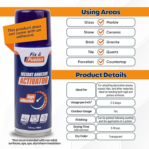 FIX & FUSION Activator Spray (3.38 Fl Oz), Instant Cure Accelerator for Cyanoacrylate (CA) Super Glue for Wood, Plastic, Rubber, Granite, and DIY & Professional, Accelerates Bonding Strength, (1 Pack)