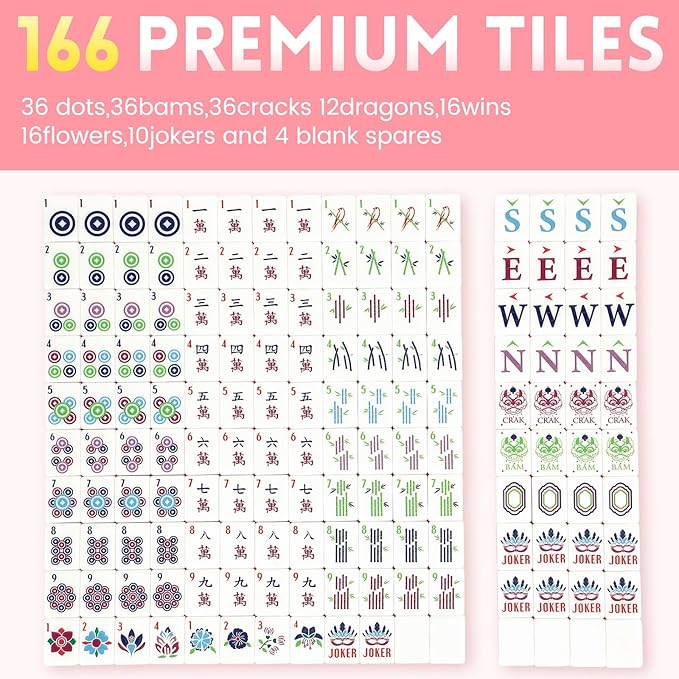 American Mahjong Tile Set,166 Tiles White Pink Acrylic Carving Tiles,Mahjong Game Set with Portable Travel case(Racks Not Included)