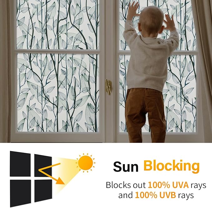 Leaf Pattern Window Tint with Installation Tools, Blackout Window Cover, Sun Blocking Window Tint for Home (Full Blackout Opaque, 17.7'' x 118.1'')