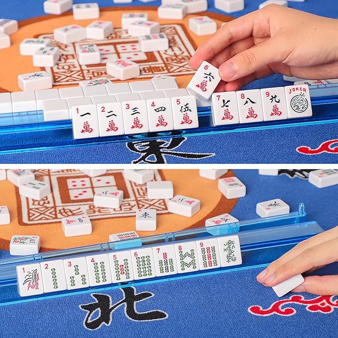 American Mahjong Game Set, 166 White Tiles, 4 All-in-One Color Rack/Pushers, Complete Mahjong Tile Set, Printed Carrying Bag
