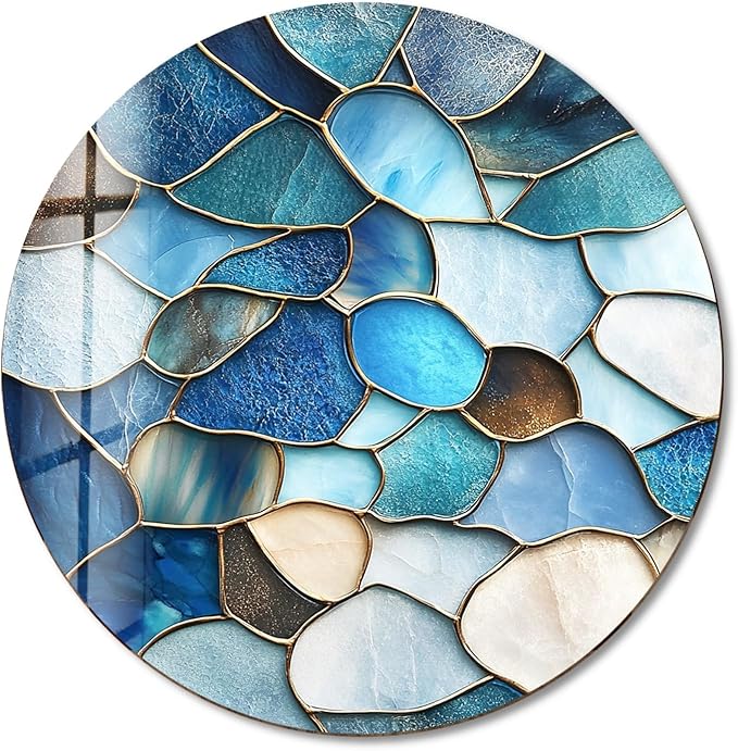 My Photostation.com 20''(50cm) Diameter Coastal Blue Stone Mosaic Round Glass Wall Art Tempered Glass Printing Wall Decor Large Wall Art Wall Hangings