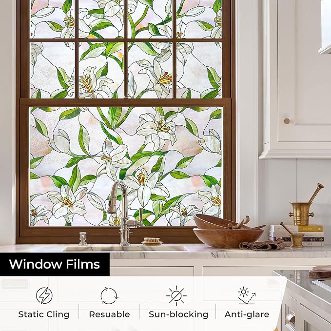 3D Stained Glass Window Film, Decorative Window Privacy Film for Bathroom,Front Door,Home, Sun Blocking Heat Control,Static Cling, White Lily 23.6inch x 35.4inch