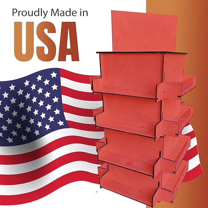 TORCHED DISPLAYS 4-Sided Rotating Display Stand - Craft Shows, Trade Shows, Markets - Small & Medium-Sized Items like Stickers, Postcards, Coasters, Note Pads, Napkins, Easy to Assemble (Red)