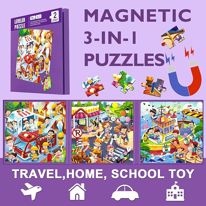 Magnetic Puzzles for Kids Ages 4-8, 3 in 1 Toddlers Cartoon Magnet Jigsaw Puzzle Book, Travel Toys, Preschool Learning Toy for Ages 3-8 (Purple Squad)