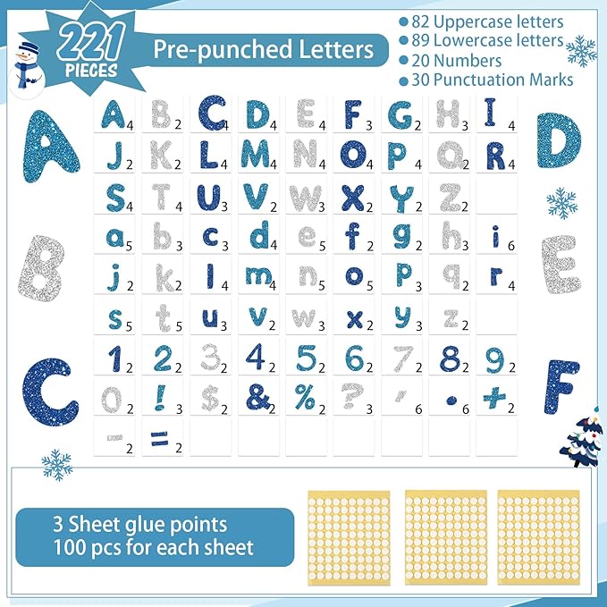 221 Pcs Classroom Bulletin Board Letters Colorful Alphabet Cutouts Number and Punctuation Symbol Combo Letter Cutouts for Wall Chalkboard Poster Board Decor(Blue Glitter Round)