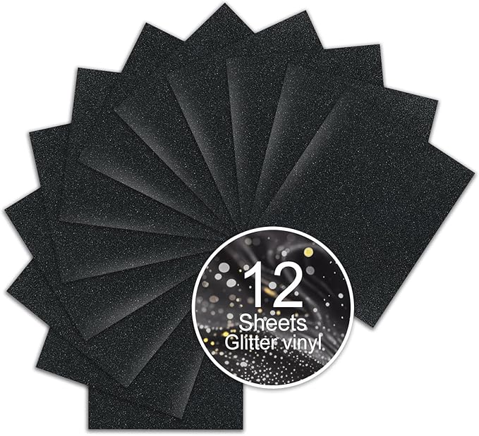 Black Glitter Heat Transfer Vinyl, 12 Pcs 12"x10" Iron-On Vinyl Sheets – Easy to Cut & Weed, No-Flake, Washable Glitter HTV, Compatible with Cricut & Silhouette – Great for DIY Summer Gifts