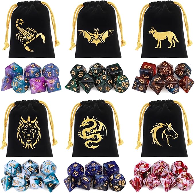 CiaraQ DND Dice Set, Double-Colors Polyhedral Dice (42 Pieces) with 6 Pattern Bags and PU Leather Tray for Dungeons Dragons D&D RPG MTG Table Games