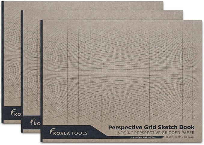KOALA TOOLS | 2-Point Drawing Perspective Notebook (3 Pack) | 10.35" x 8", 60 pp. - Perspective Grid Graph Paper for Interior Design, Industrial, Architectural and 3d Design