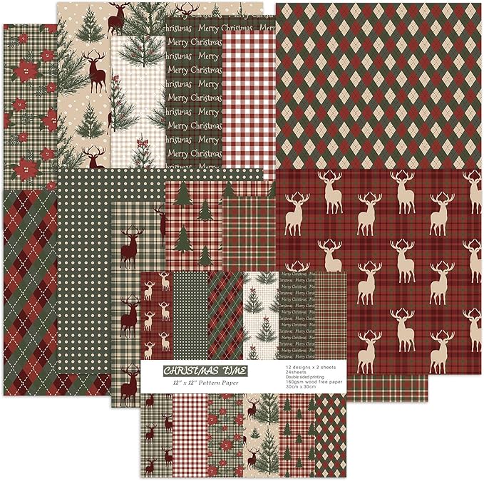 Christmas Scrapbook Paper Pad 12×12,Vintage Christmas Deer Patterned Papers ,24 Sheets Double-Sided Merry Christmas Scrapbooking CardStock Paper Pad for Holiday Cardmaking DIY Origami Papers.