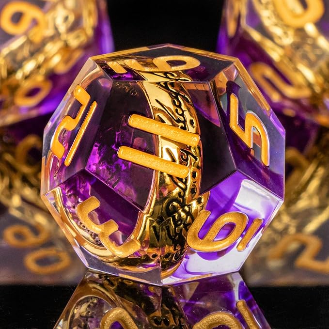 OUKELANWO Magic Lord Rings DND Dice Set with Box, 7Pcs Resin LOTR D&D Dice Set for Role Playing Game, Purple Gold Dungeons Dragons D and D Sharp Edge Dice D20 D12 D10 D8 D6 D4