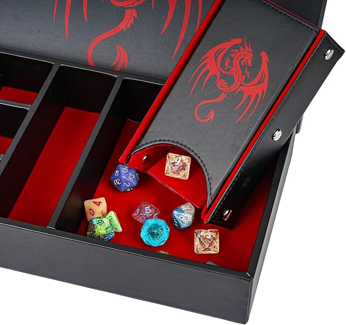 4 in 1 D&D Storage Dice Box Portable Rolling Tray and Dice Tower, Leather DND Holder Case for Role Playing Games Table Games - Red