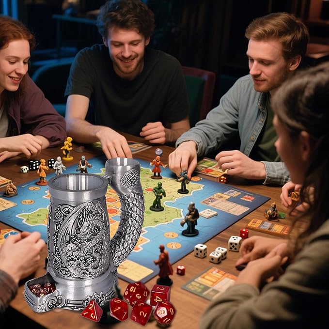 Dice Tower Mug, Dice Rolling Tower, Comes with 7 PCS Dice Set, Suitable for DND Dungeons and Dragons, Tabletop Games, Available As Drink Holder, D&D Gifts, DND Accessories (Silver-Dragon)