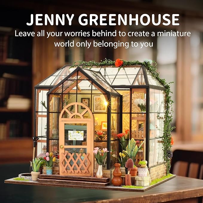 DIY Miniature House Kit, Miniature Kit with LED, Dollhouse Kit for Adults Teen, Mini House Building Kit for Birthday, Jenny Greenhouse
