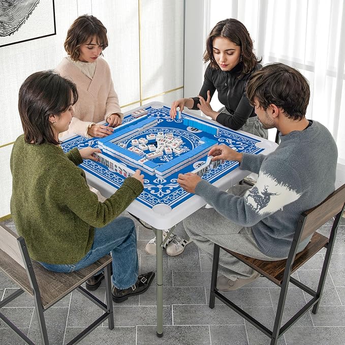 Giantex Folding Mahjong Table, 35" Square Card Table with Cup Holders, Removable Noise Reduction Mat, HDPE Tabletop, 4-Player Portable Domino Tables for Poker Blackjack Board Game (Blue)