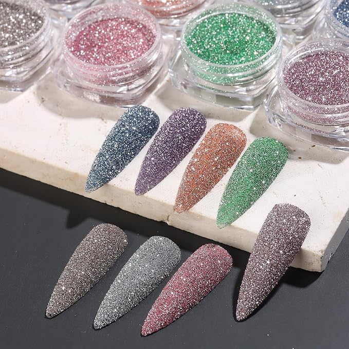 Reflective Glitter Powder Set, 8 Colors Holographic Sparkle Glitter Dust, Flash Diamond Silver Pink Red Purple Blue Shiny Sugar Dipping Pigment DIY Manicure Nail Art Decoration Crafts
