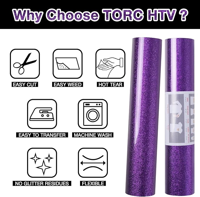 TORC Purple Glitter HTV Heat Transfer Vinyl Roll 12 inch x 20 ft Sparkly Iron on Vinyl for T Shirts Crafts Bulk