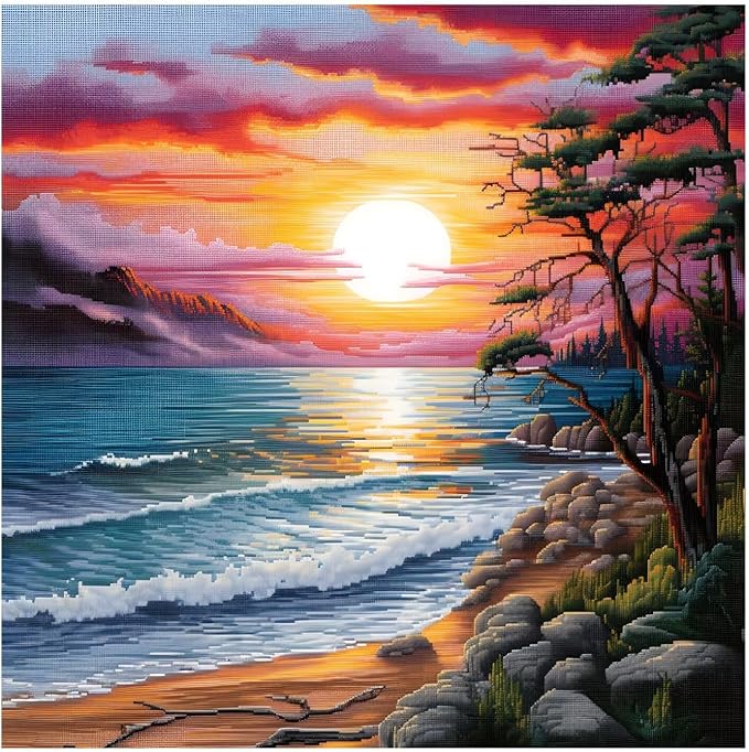Xinpinzhou Seaside Landscape 11ct Cross Stitch Kits, 11 CT Funny Pre Printed Counted Stamped Cross Stitch Embroidery Needlepoint Patterns Kits for Beginners Adults Crossstitch 40x40 cm