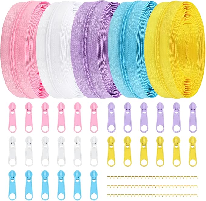 DOITEM Zipper Tape 3 mm by The Yard - 12.5 Yard/14 Meter Nylon Endless Set With Slider - 5 Colors for Sewing