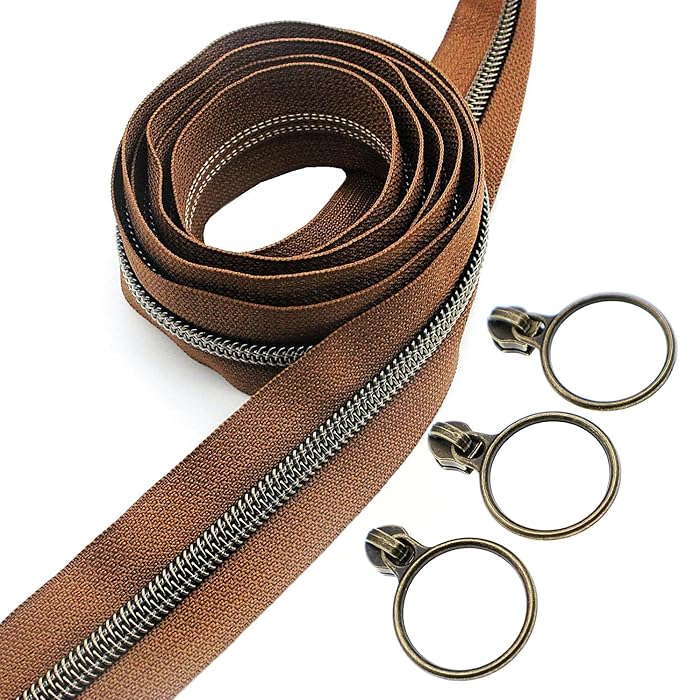 Leekayer #5 Antique Brass Metallic Nylon Coil Zippers by The Yard Bulk 10 Yards with Ring Pulls(Brown Tape with 25pcs Brass Sliders for DIY Sewing Tailor Craft Bag(Brown)