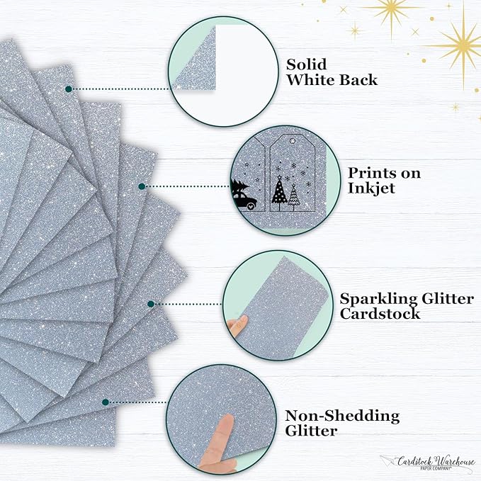 Cardstock Warehouse Diamond Print Inkjet Glitter-Premium Silver Glitter Cardstock Paper – 15 Sheets, 8.5 x 11" - 104 lb/280 GSM for Inkjet Printing, Die-Cutting, Card Making, Crafts, and DIY Projects
