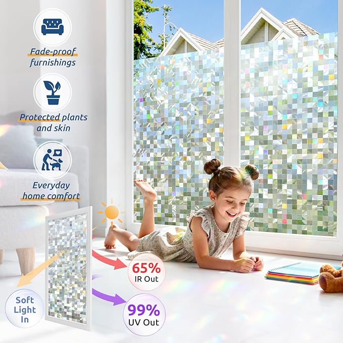 rabbitgoo Stained Glass Window Privacy Film Mosaic Pattern, Frosted Glass Window Film Rainbow Decorative Sticker, Static Cling UV Blocking Suncatcher for Home, 17.5 x 157.4 Inches