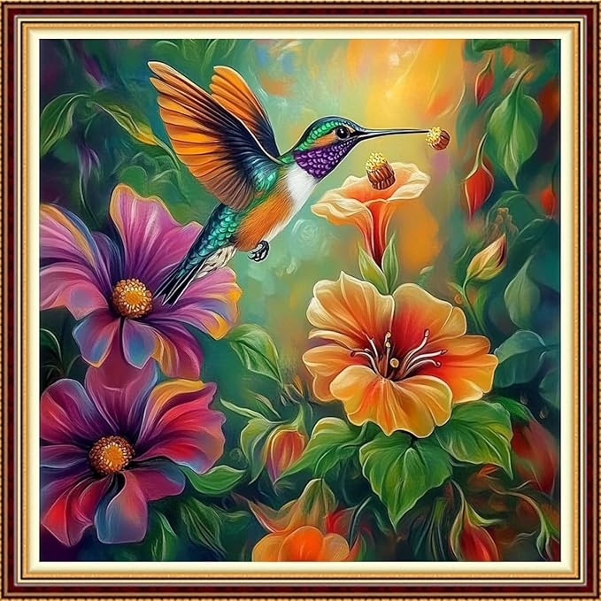 Hopeart Stamped Cross Stitch Kits for Beginner Embroidery Kits for Beginners Adults DIY 11CT Cross Stitch Patterns Needlepoint Kits Crossstitching Kits-Hummingbird Flowers 18x18 inch