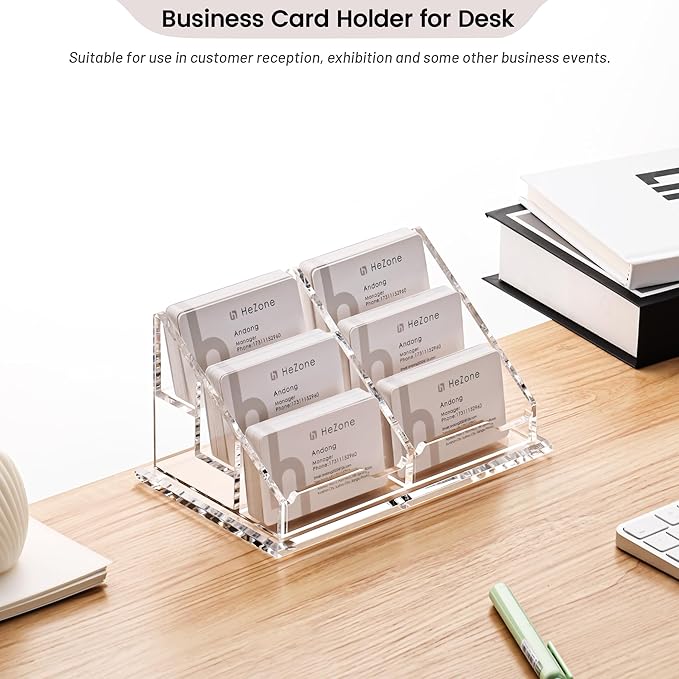 Business Card Holder for Desk, Acrylic Business Card Organizer , Multiple 6 Slots 3 Tier Business Cards Stand for Women& Men,Office Desk Accessories,Organize 300 Cards-1 Pack(Horizontal,Clear)