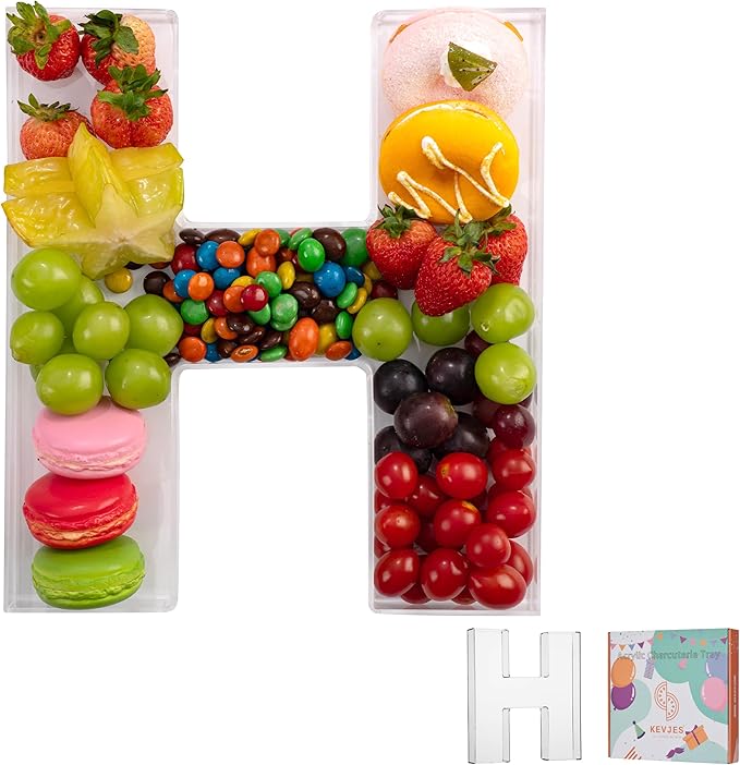 11" Clear Acrylic Letter & Number Charcuterie Tray-Reusable Fillable Alphabet Box for Displaying Candy,Cake,Snacks– Party Dessert Serving Plate for Birthday, Wedding Anniversaries, Baby Shower (H)