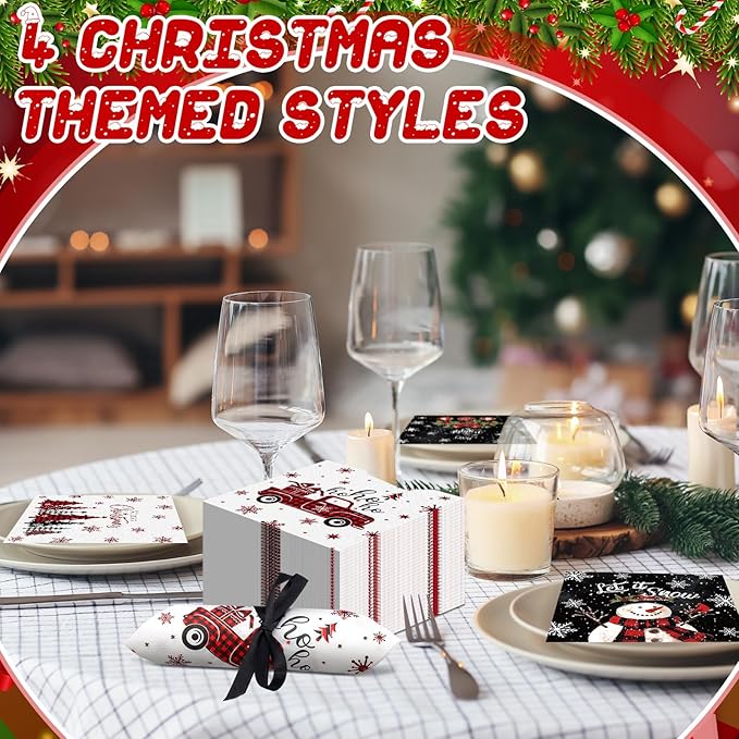 Janlaugh 200 Pcs Christmas Paper Napkins Disposable Snowman Cocktail Napkins Decoupage 2 Ply Snowflake Dinner Napkins Santa Beverage Napkins for Xmas Winter Table Decor(Black,Snowman)