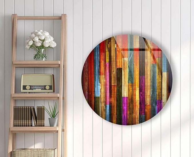 My Photostation.com 15.8''(40cm) Diameter Colorful Wood Pattern Round Glass Wall Art Tempered Glass Printing Wall Decor Large Wall Art Wall Hangings