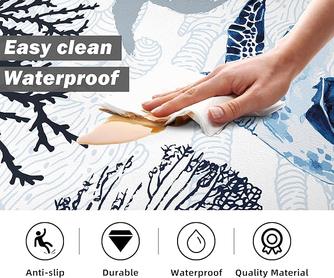 Coastal Beach Kitchen Floor Mat Rugs Nautical Decorative Coral Sea Turtle Kitchen Rugs Anti Fatigue Mats Non-Slip Comfort Standing Cushioned for Kitchen 17.3" 28" + 17.3" x 47" Set 2 Pcs Navy Blue