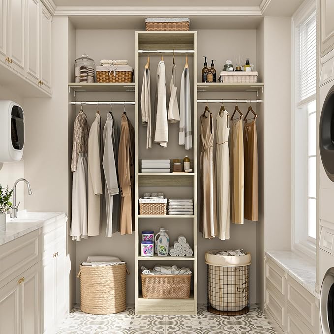 48" Small Closet Organizer, 4FT Small Closet System with 4 Closet Rods & 3 Shelves, 80"H Small Closet Organizers and Storage for Small Bedooms, Cloakrooms, Laundry Rooms, White Oak