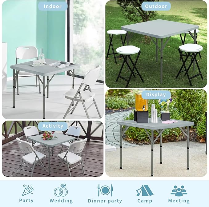 34" Square Folding Table,Multi-Functional Portable Folding Card Table with Carrying Handle for Indoor Outdoor Camping,Picnic, Office, Party Use, HDPE Plastic Tabletop with Metal Frame(Grey)