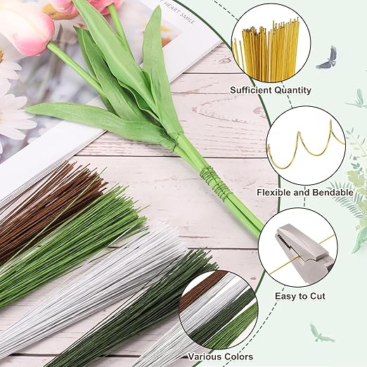 PATIKIL 32 Inch 22 Gauge Floral Stem Wire, 5 Pack/200 Pieces Bouquet Stem Paper Wrapped for DIY Crafts Flower Arrangements, Gold Tone