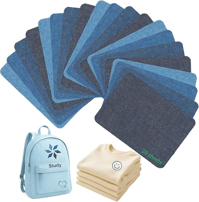 Iron-On Fabric Patches for Clothing, 20 Sheets 3" by 4-1/4", Durable Washable Iron On or Sew On Repair Patches for Jeans, Denim Jackets, Pants, Shirts, Bags, Backpacks, DIY Crafts