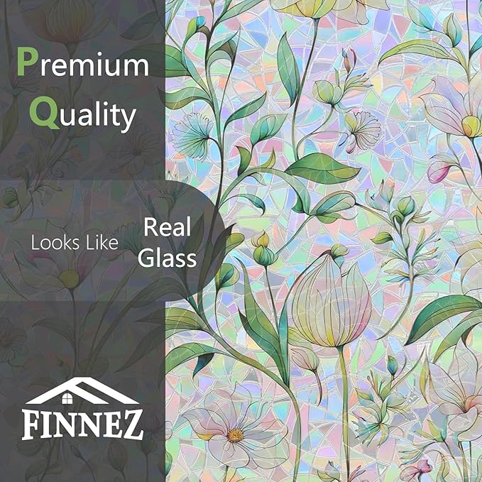 FINNEZ Window Privacy Film Stain Glass Film Flowers Rainbow Window Film Window Clings Non-Adhesive Reusable Decorative for Home（Forest Rainbow，23.6 Inch x 13.1 Feet）