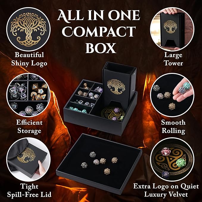 Dice Tray and Dice Tower for DND and RPG - All-in-One Game Roamer Tray & Large Tower for Random Rolls - Stores Your Sets, Mini's and More Compatible with D&D (Gold Tree)
