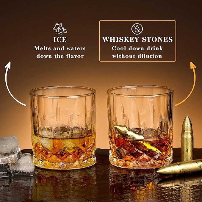 Oaksea for Him - Stainless Steel Engraved Whiskey Stones Glasses Set, Birthday Wedding Gift for Dad, Husband, Boyfriend, Fiance - Cool Bourbon Scotch Set