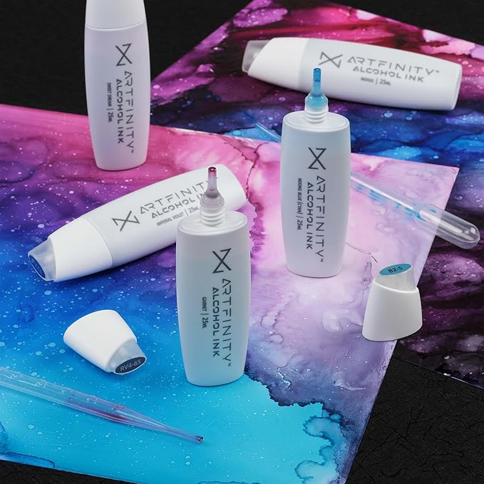 Alcohol Ink - Fluorescent Set, 7 Pieces | 10 Sheets 9x12 Multimedia Paper | Fast-Drying, Permanent, Transparent Alcohol Inks for Gloss Paper, Glass, Metal | 25 ml Bottles