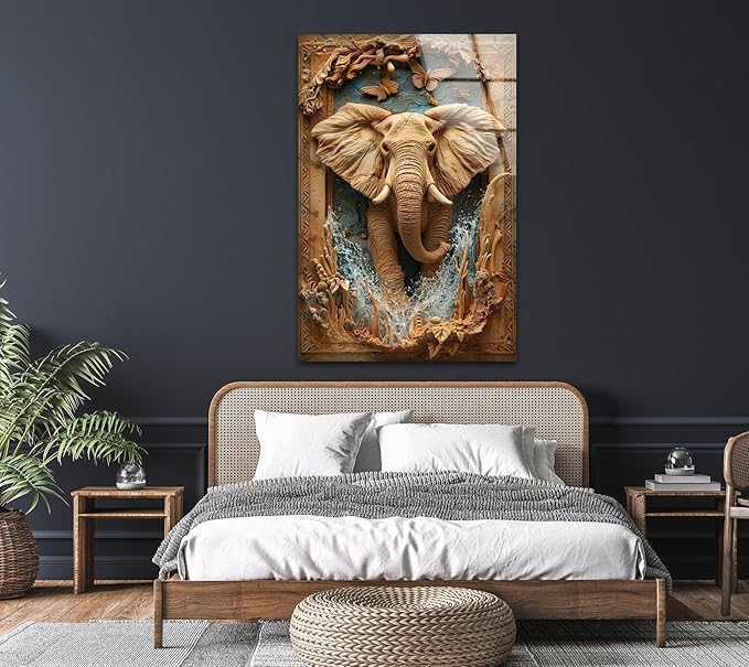 My Photostation.com 24Wx30H'' Elephant Carving Glass Wall Art Tempered Glass Printing Wall Decor Large Wall Art Wall Hangings