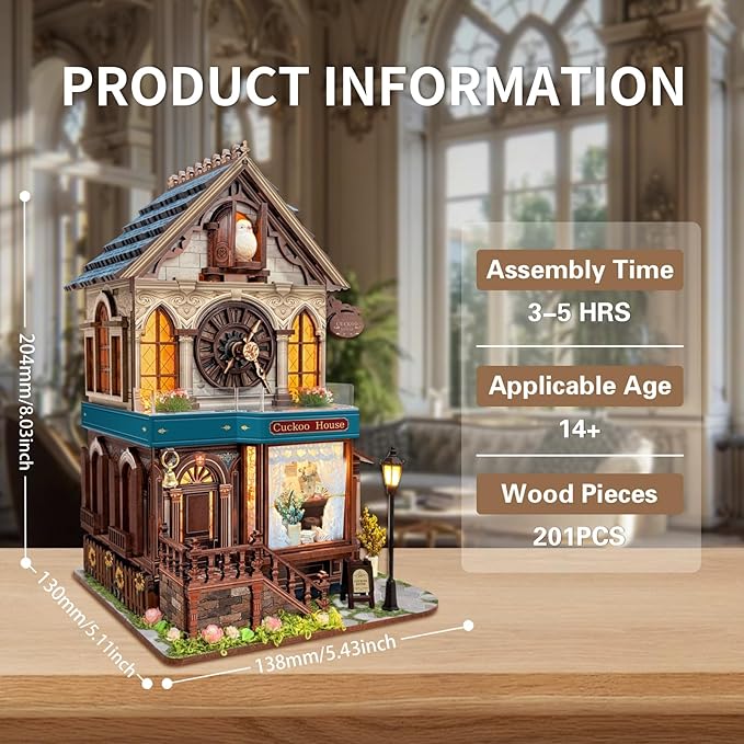 3D Wooden Puzzles - Miniature Cuckoo Clock House Kit, DIY Wooden Building Set for Adults and Teens, Mini Model Kit with 3-Mode Touch Switch - Cuckoo House (SQ-61)